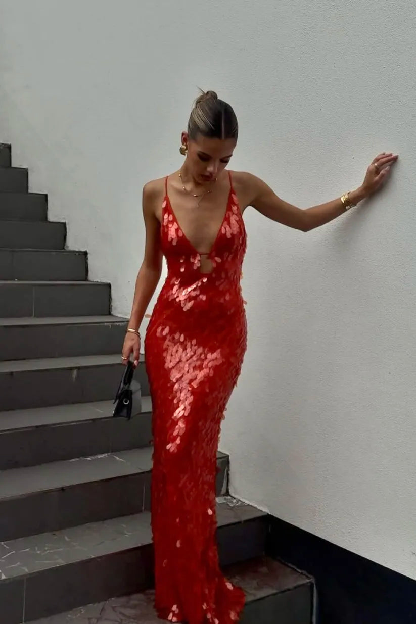 Olivetta - Red Sequin Maxi Dress by Ares Milano