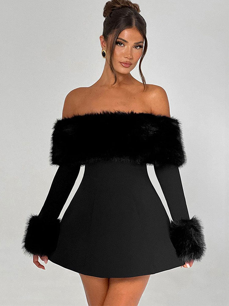 Claudia - Faux Fur Off-Shoulder Dress by Ares Milano