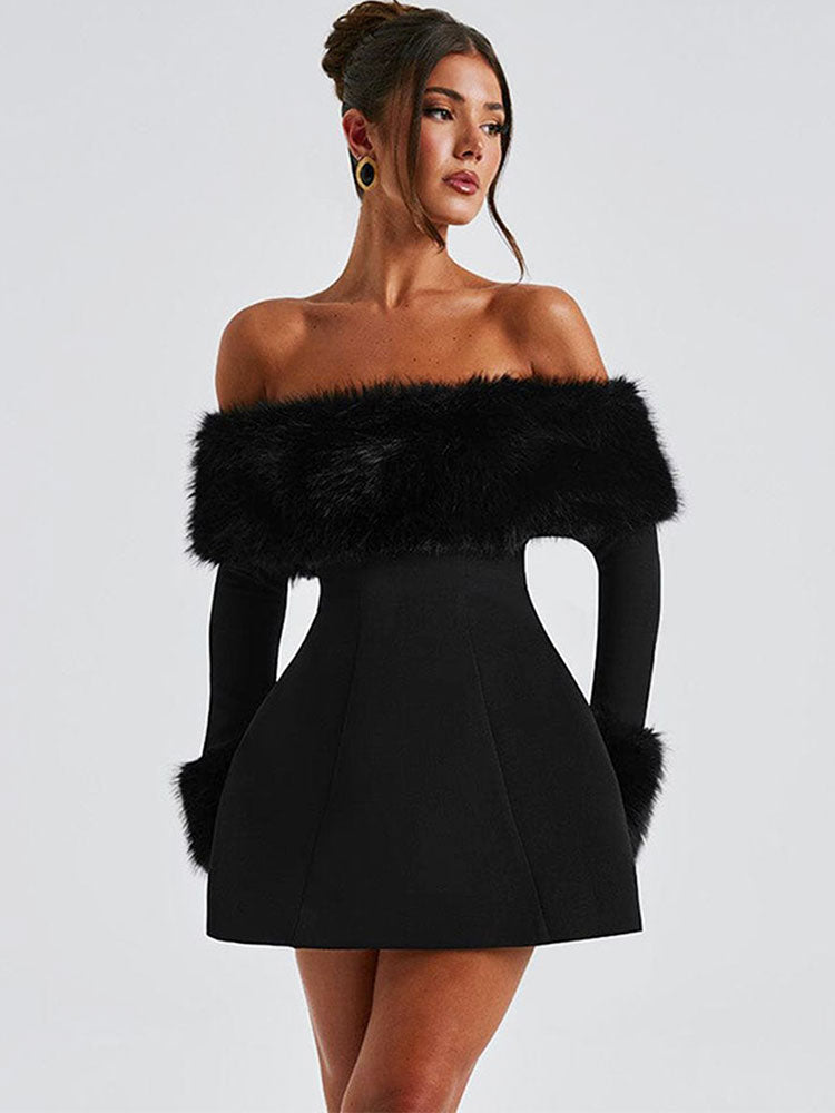 Claudia - Faux Fur Off-Shoulder Dress by Ares Milano