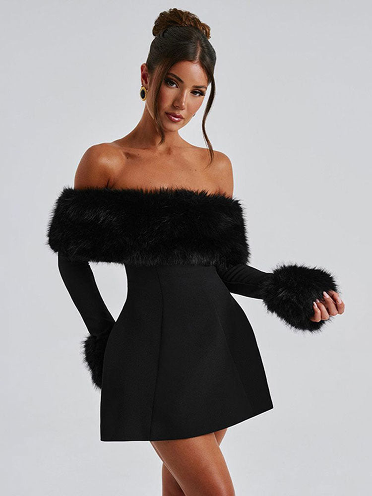 Claudia - Faux Fur Off-Shoulder Dress by Ares Milano