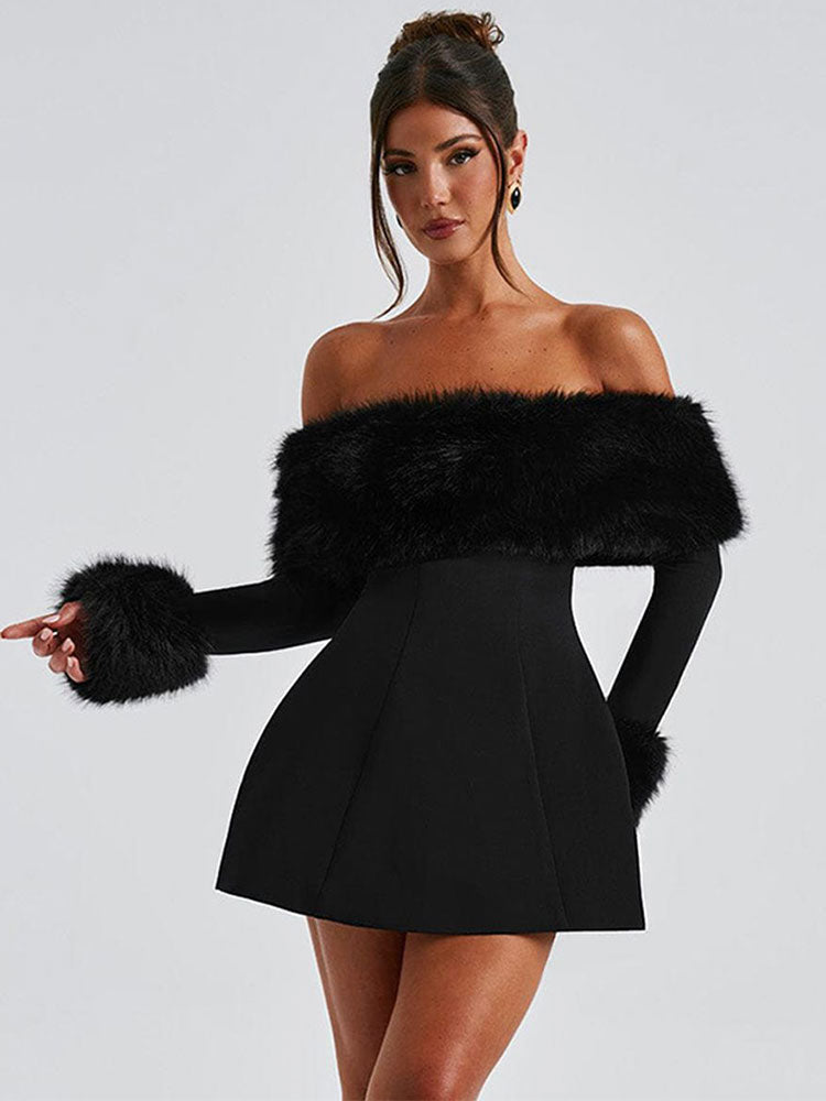 Claudia - Faux Fur Off-Shoulder Dress by Ares Milano
