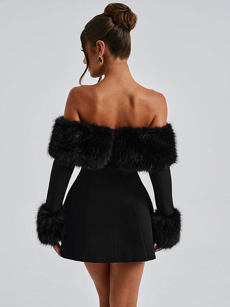 Claudia - Faux Fur Off-Shoulder Dress by Ares Milano