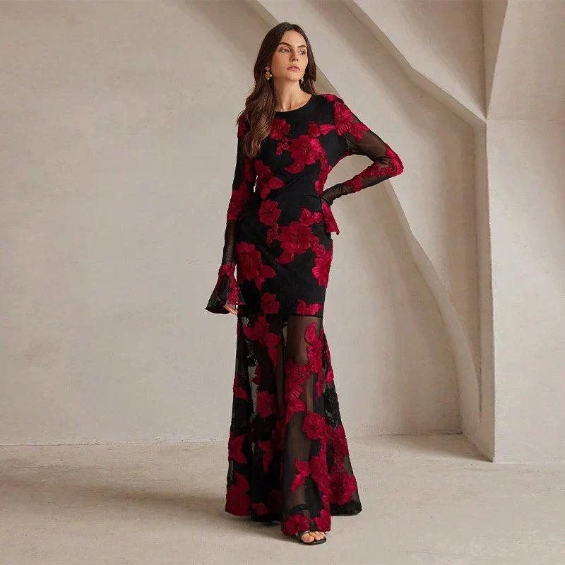 Noemi - Floral Embroidery Maxi Dress by Ares Milano