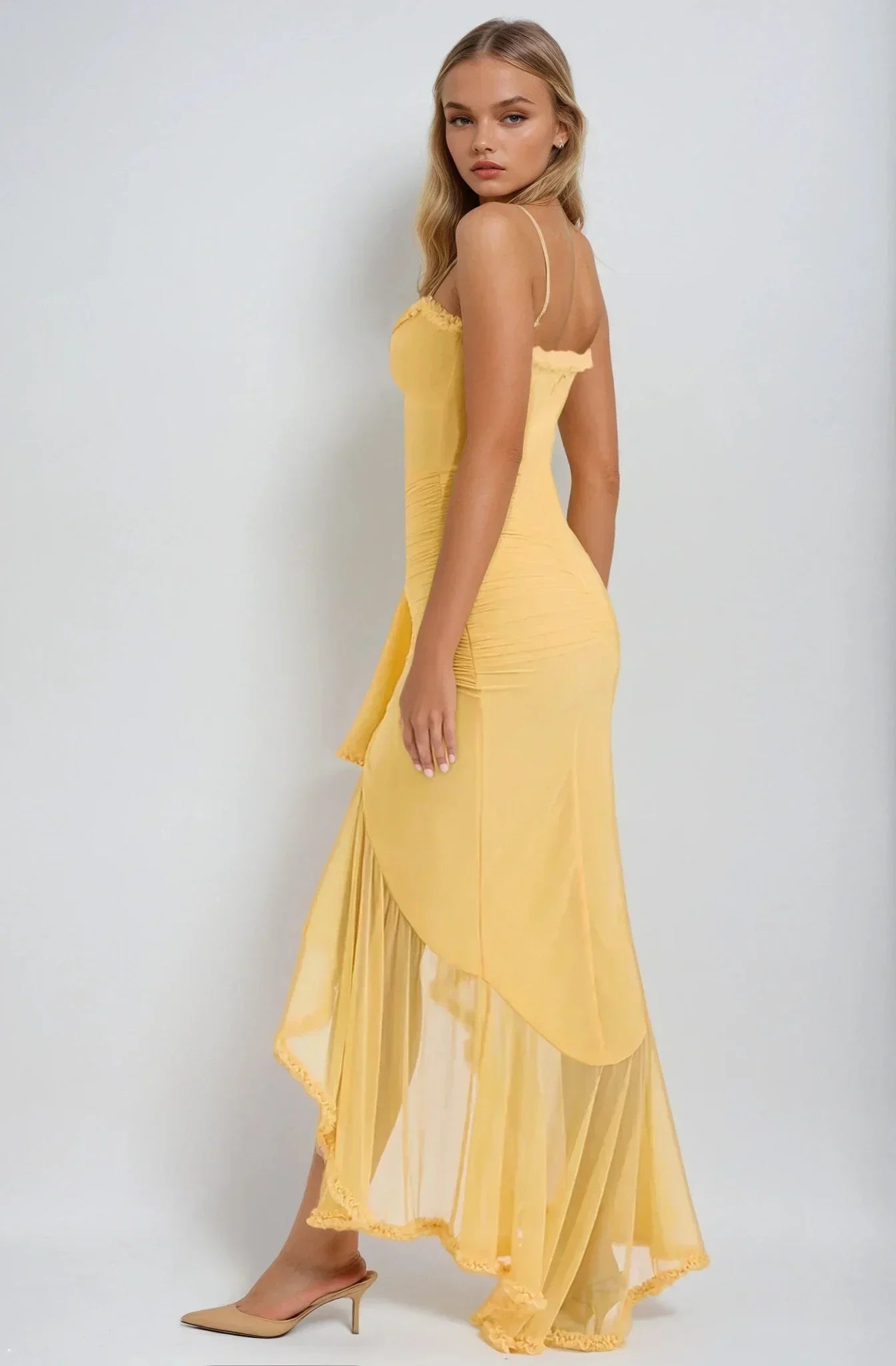Oliva - Soft Yellow Mesh Maxi Dress by Ares Milano