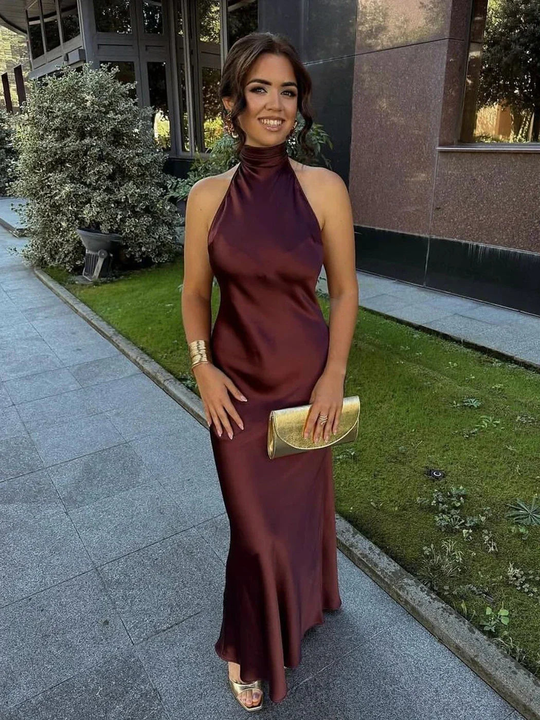 Liana - Satin Halter Neck Maxi Dress by Ares Milano