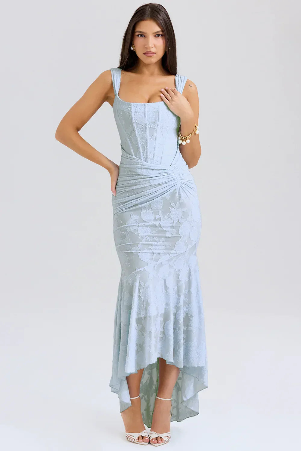 Margherita - Powder Blue Lace Maxi Dress by Ares Milano