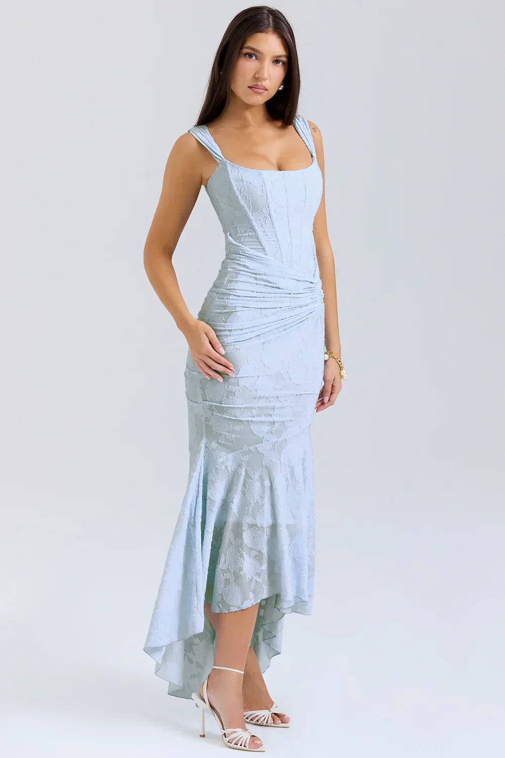 Margherita - Powder Blue Lace Maxi Dress by Ares Milano