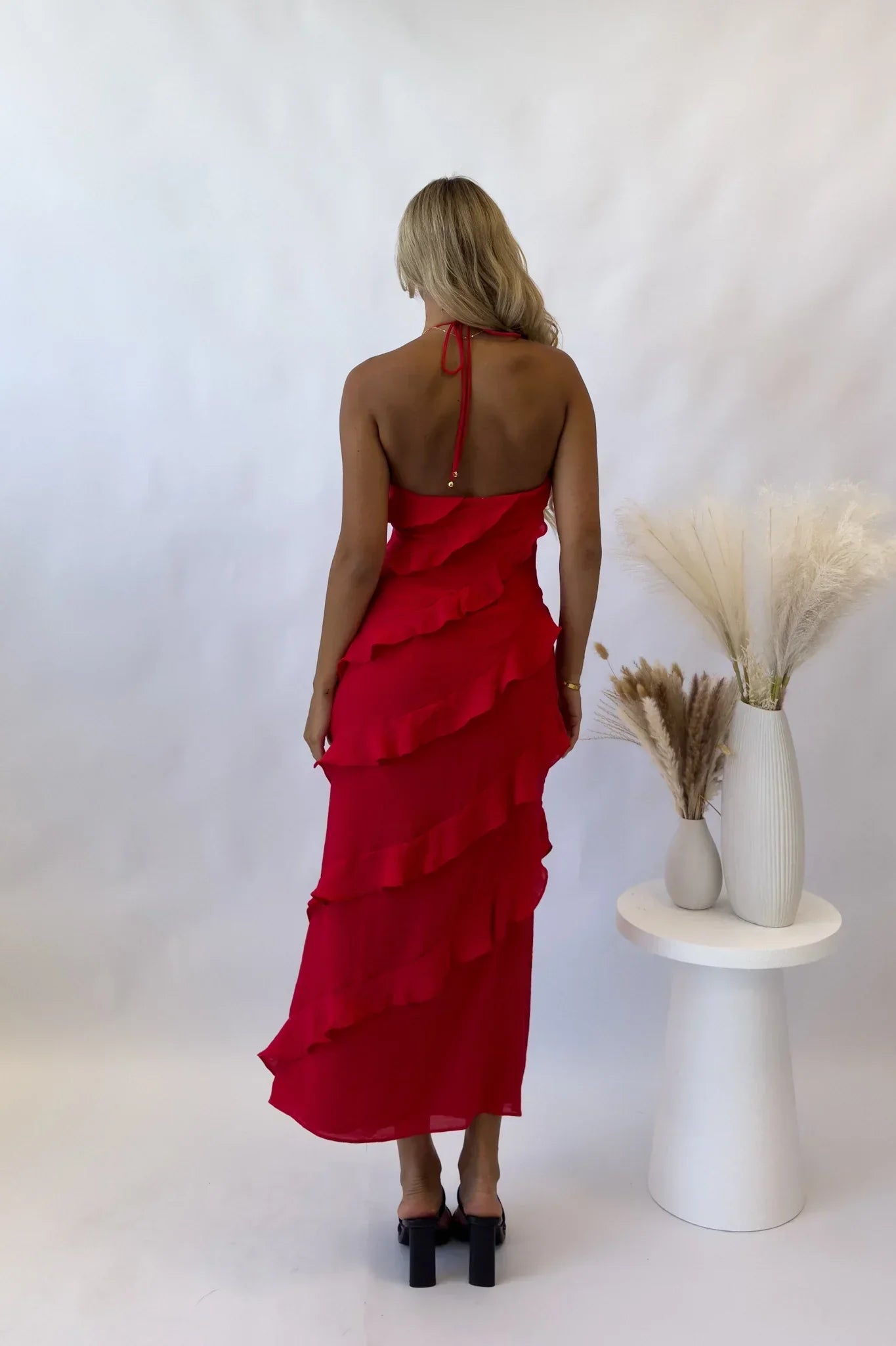 Serena - Fiery Red Satin Midi Halter by Ares Milano