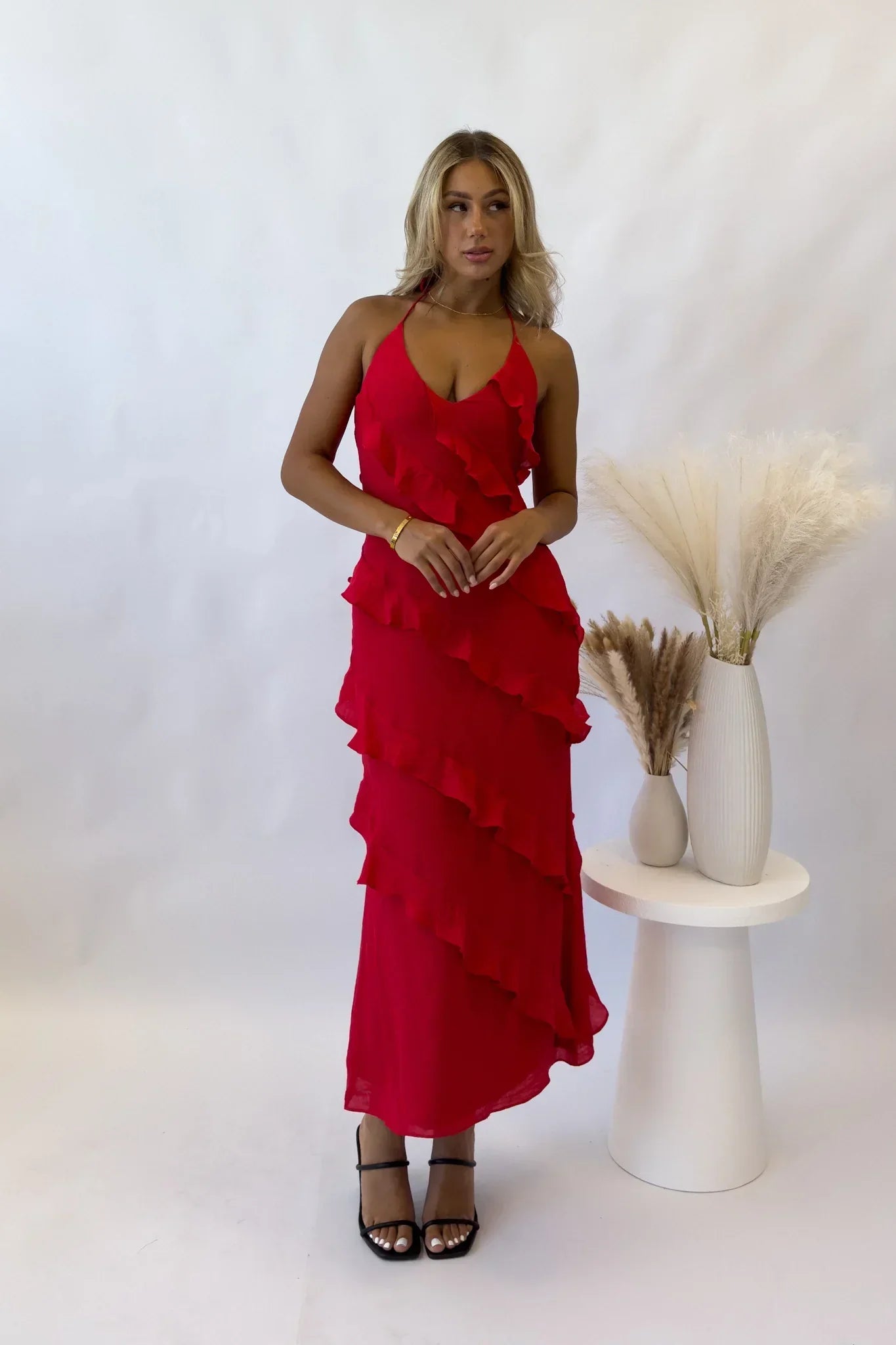 Serena - Fiery Red Satin Midi Halter by Ares Milano