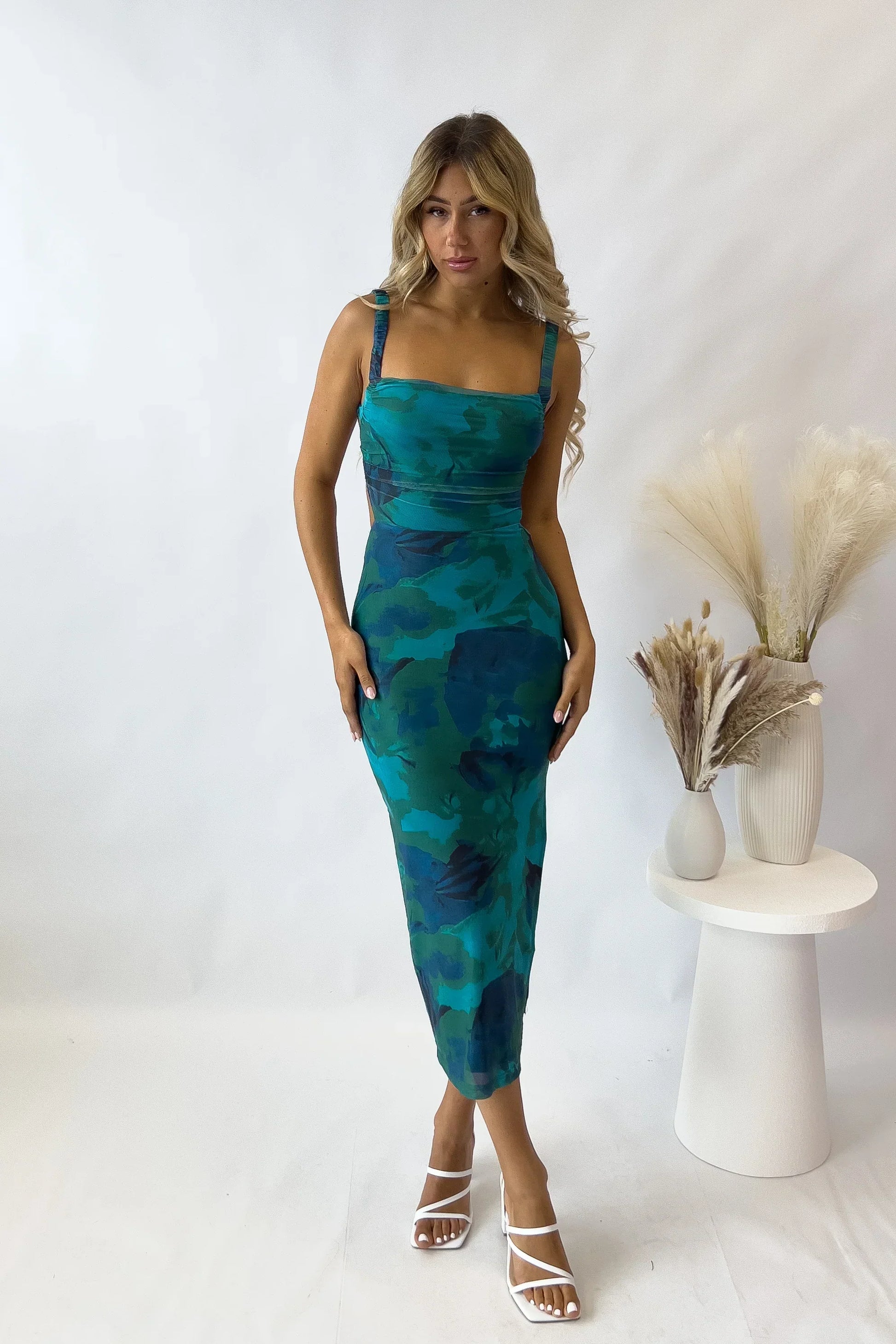 Sara - Teal Print Midi Dress by Ares Milano
