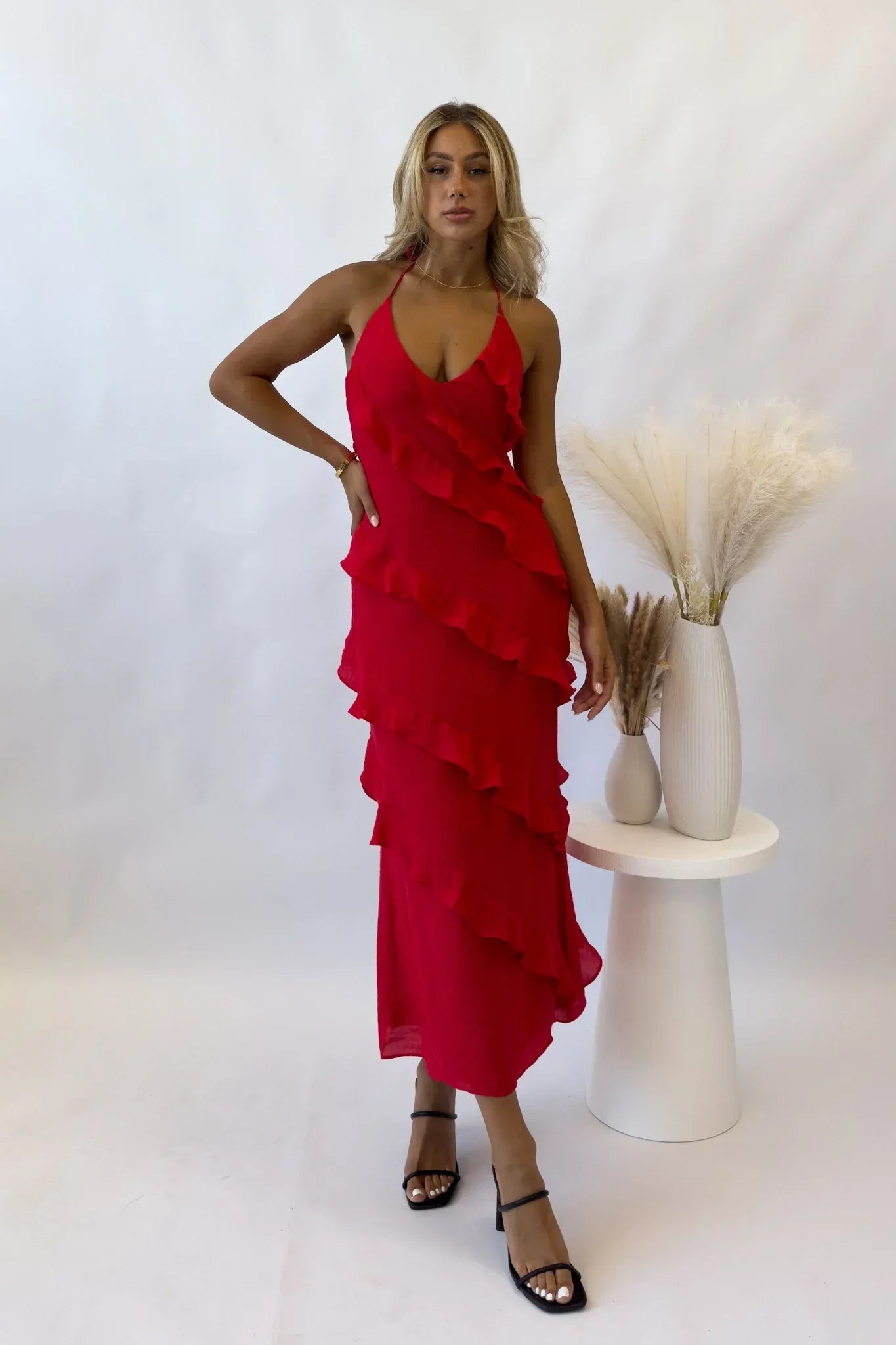 Serena - Fiery Red Satin Midi Halter by Ares Milano