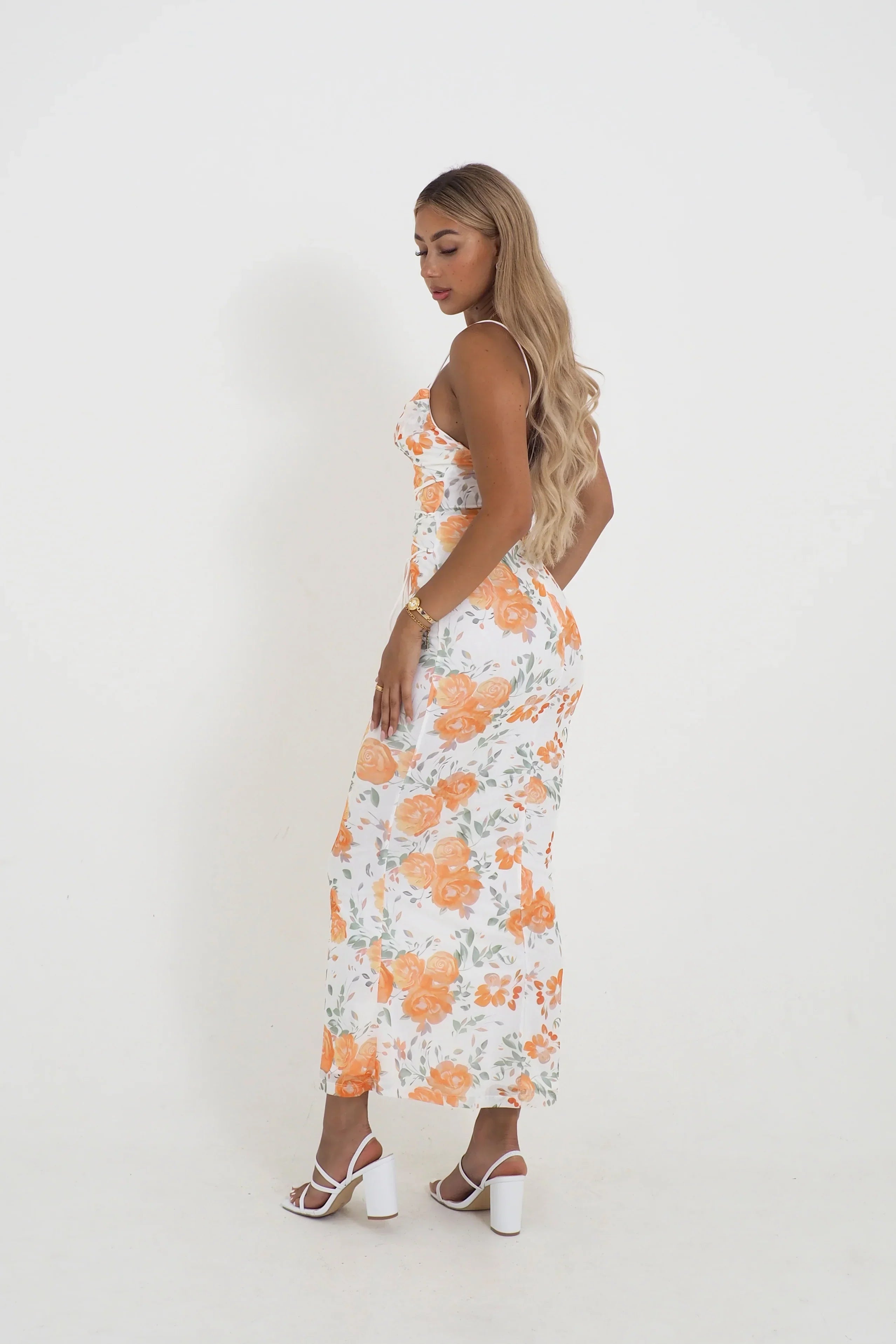 Marzia - Floral Maxi Dress Cinched Waist by Ares Milano