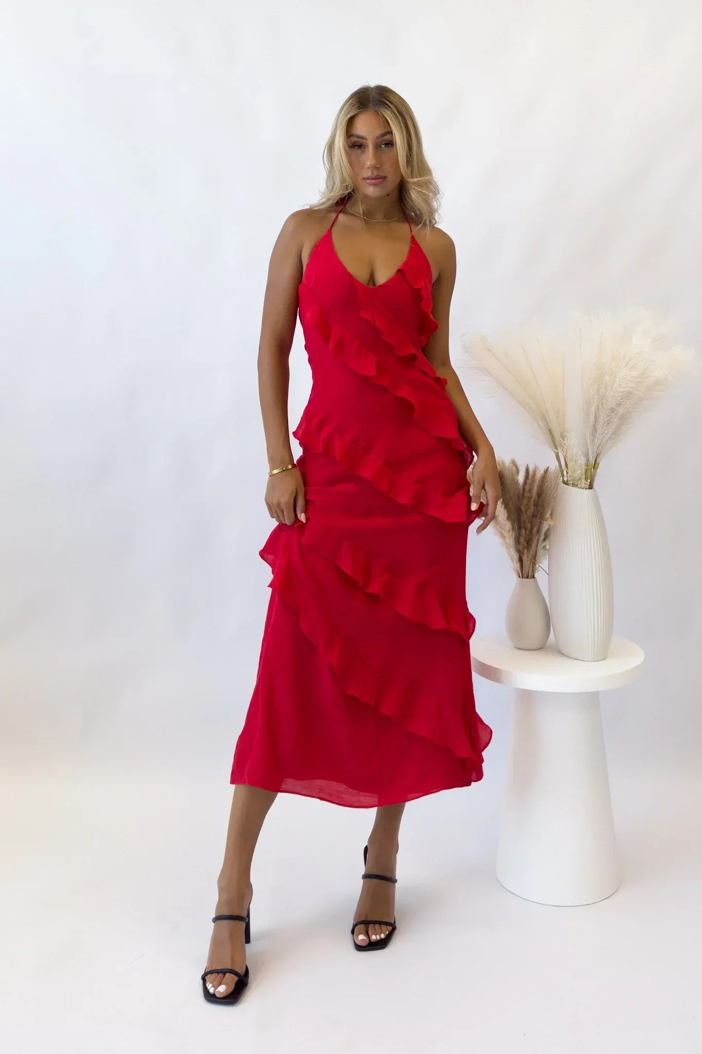 Serena - Fiery Red Satin Midi Halter by Ares Milano