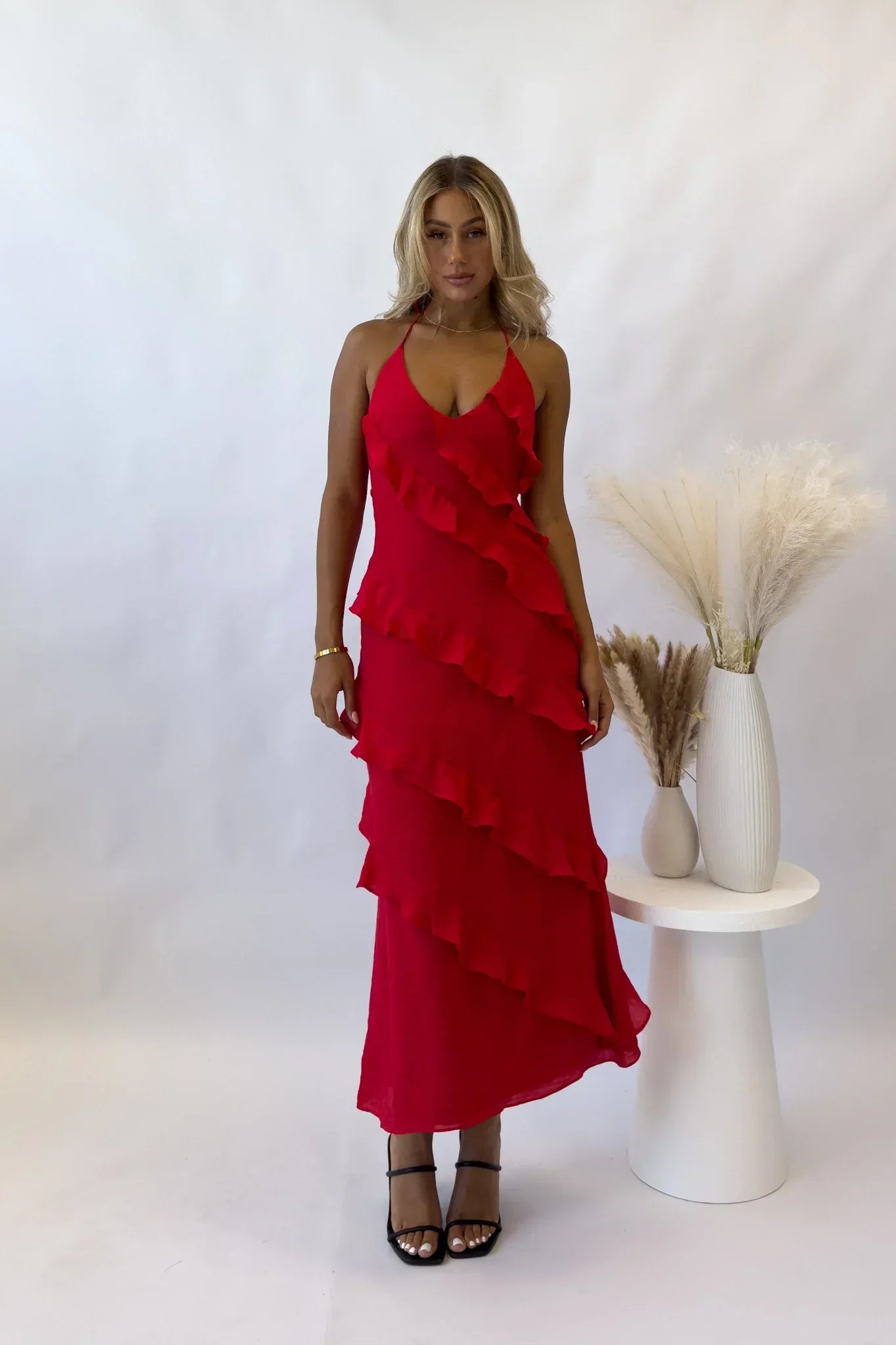 Serena - Fiery Red Satin Midi Halter by Ares Milano